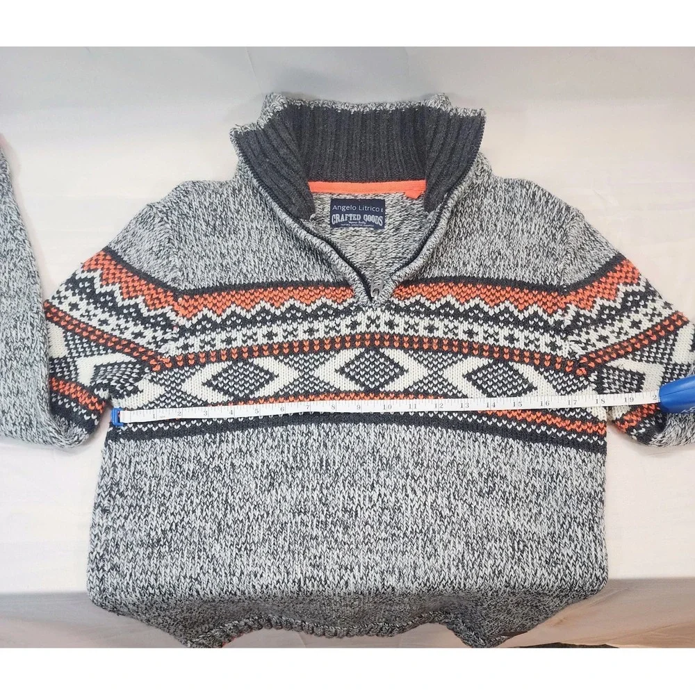 Vintage Men's Angelo Litrico Wool‎ Quarter Zip Sweater Gray Orange White Black S